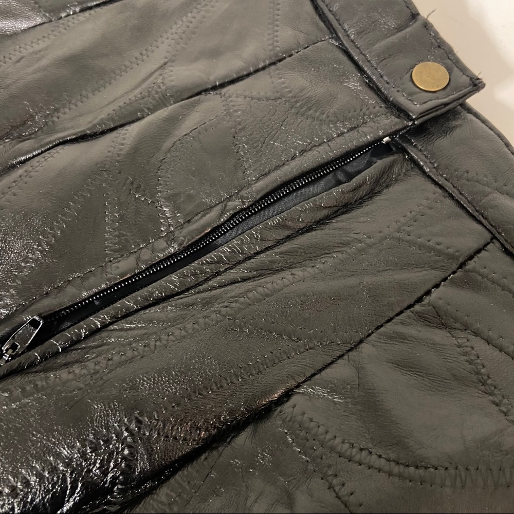 Patchwork Pattern Black Natural Leather Skirt 10 … - image 2